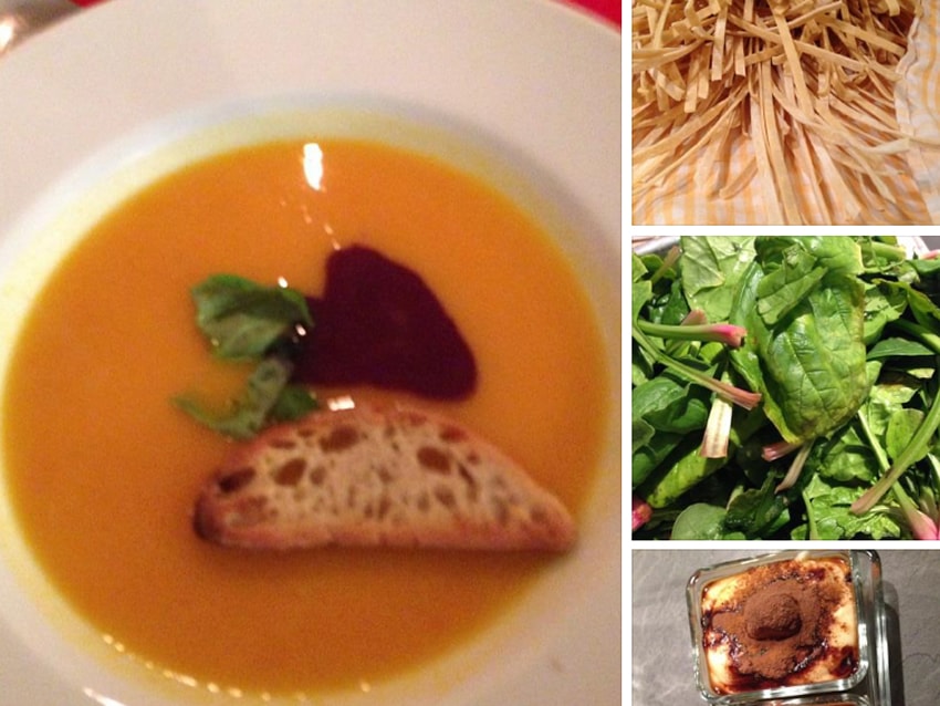 Links ist ein Bild von einer Suppe, rechts oben ein Bild mit Nudeln, darunter ein Bild mit frischem Salat und darunter ein Bild von Tiramisu.